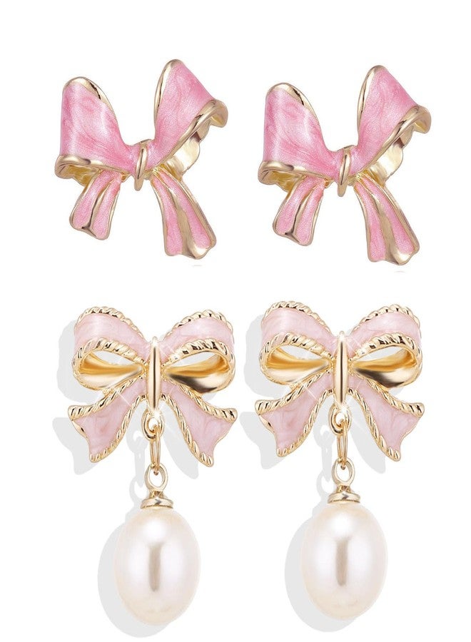 PINCHUAN 2pairs Gold bow Earrings Small Classic bow Stud Earrings Gold Bow Knot Earrings Pearl Earring Pink earring Drop Christmas Earring for Women-2pairs pink/B - Image 1